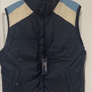 GAP Men's Navy Puffer Vest with Cream and Light Blue Accents